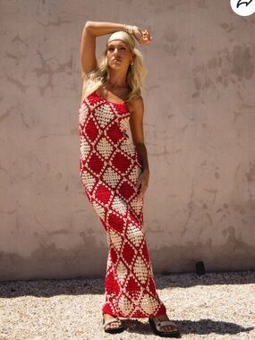 VRG GRL Verge Girl Joni Crochet Boho Maxi Dress Red Cream Granny Square - Small